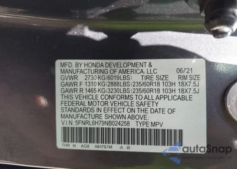 2022 Honda Odyssey Ex-L из США, поврежденный, VIN 5FNRL6H79NB024258